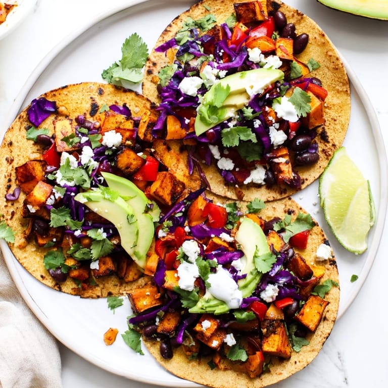 Warm corn tortillas cradle roasted sweet potatoes and black beans, finished with fresh cilantro.