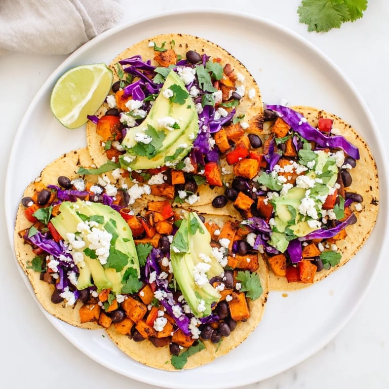 Hearty Black Bean and Sweet Potato Tacos ready to serve with lime wedges on the side.