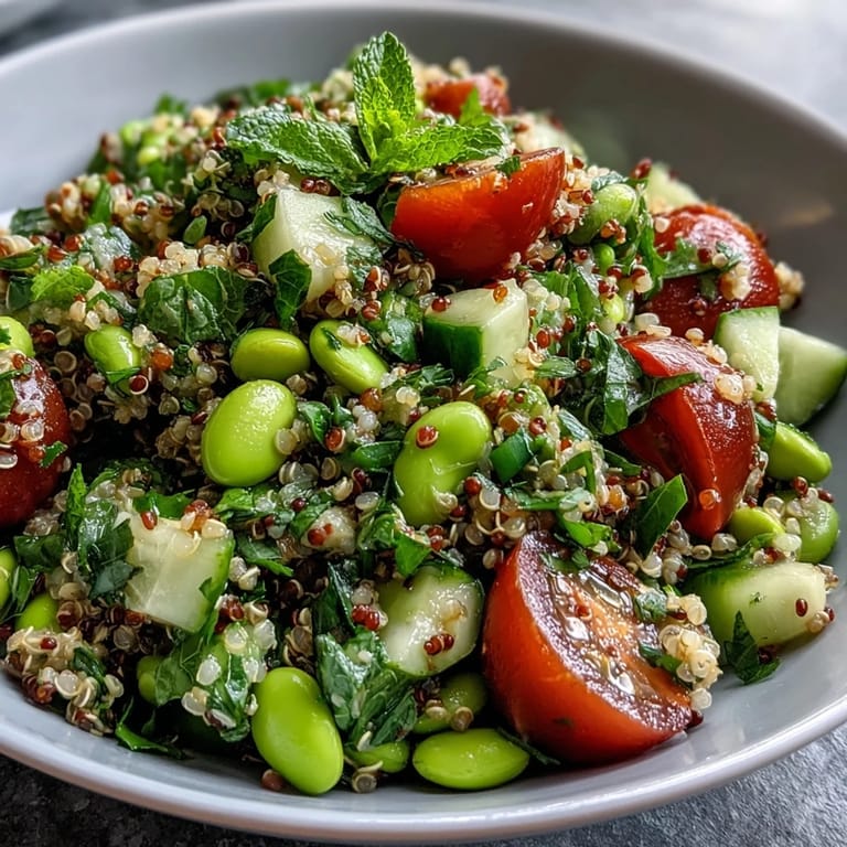 Edamame and Quinoa Salad served fresh in a rustic wooden bowl, garnished with chopped parsley and mint, with a zesty lemon dressing and colorful vegetables visible in the afternoon light.  