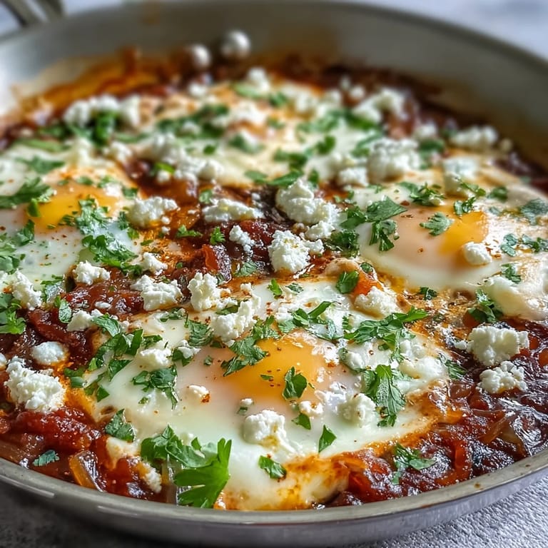 Savor this vibrant Shakshuka: eggs gently cooked in aromatic red pepper tomato sauce.
