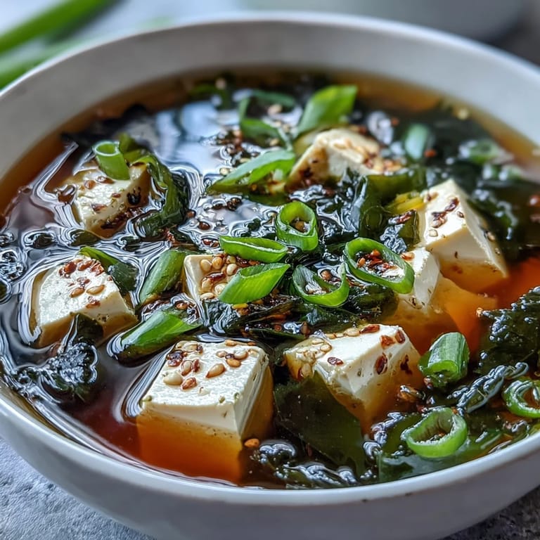Miso Soup With Tofu garnished with fresh scallions, ready to serve as a light, comforting Japanese starter.  
