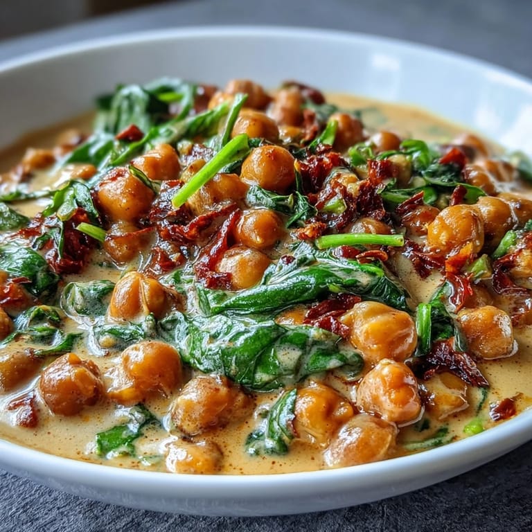 Hearty chickpea curry in a white bowl, drizzled with coconut milk and sprinkled with cilantro for a fresh finish.