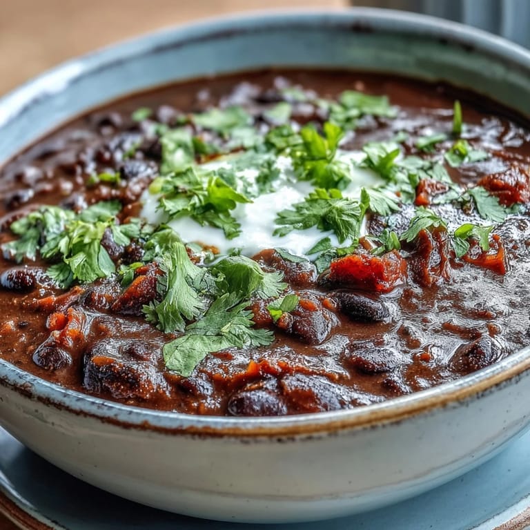 Overhead view of Black Bean Soup served with sour cream and red onion for a comforting dinner.