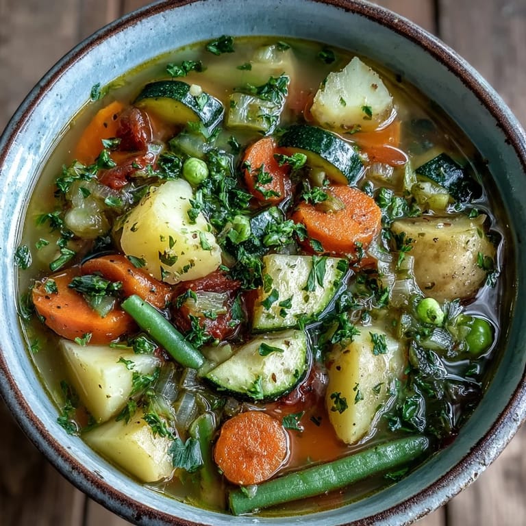 Close-up photo of hearty Potato and Vegetable Soup, revealing tender potatoes, carrots, and green beans in a golden broth.