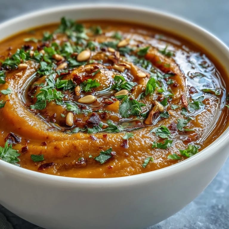 A velvety, steaming bowl of Roasted Vegetable Soup garnished with fresh parsley and a drizzle of extra virgin olive oil.