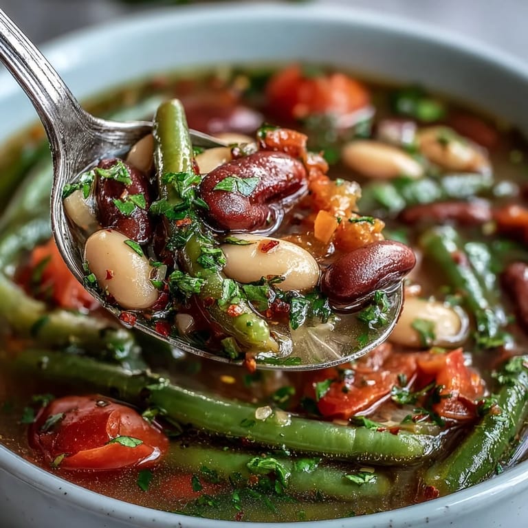 Three-Bean Salad Soup simmering in a pot with vibrant bell peppers, onions, and fresh tomatoes.