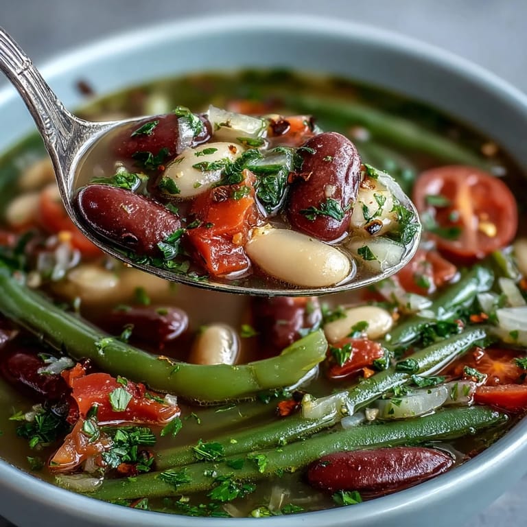 Close-up of Three-Bean Salad Soup served in a white bowl, garnished with herbs and a spoon.