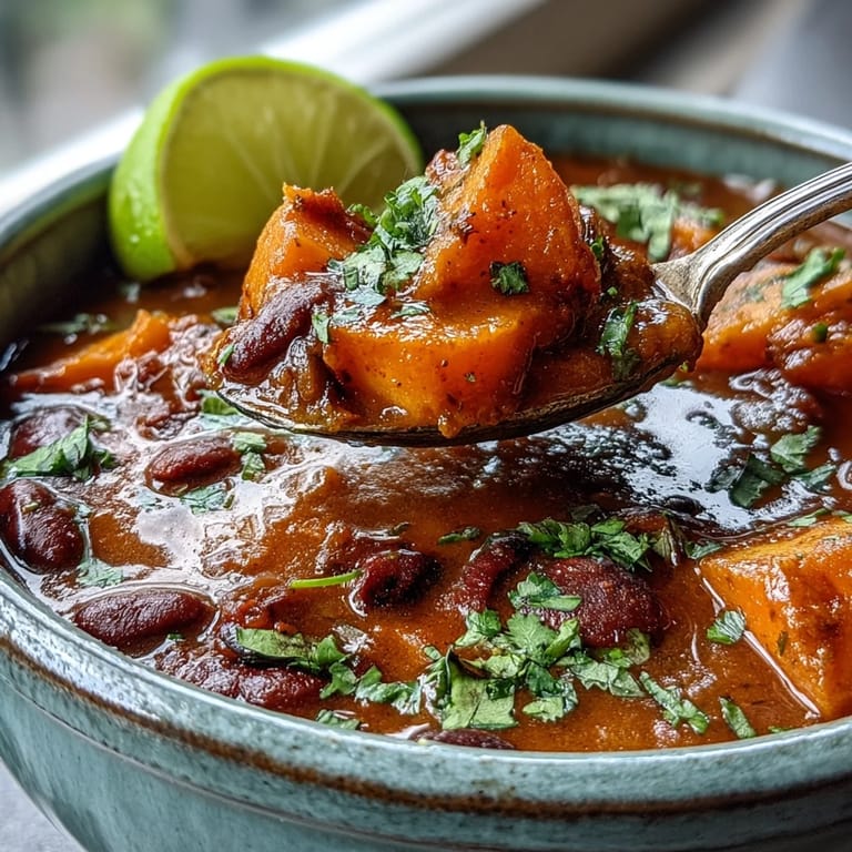 A close-up of Sweet Potato and Black Bean Soup in a bowl, topped with diced avocado and a drizzle of olive oil.