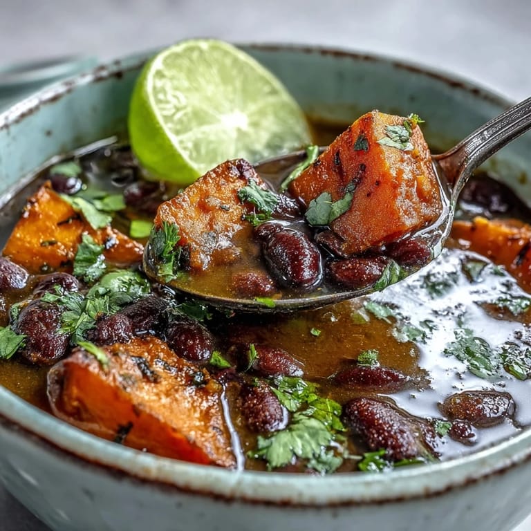 Hearty Sweet Potato and Black Bean Soup in a rustic mug, steam rising, paired with warm crusty bread for dipping.