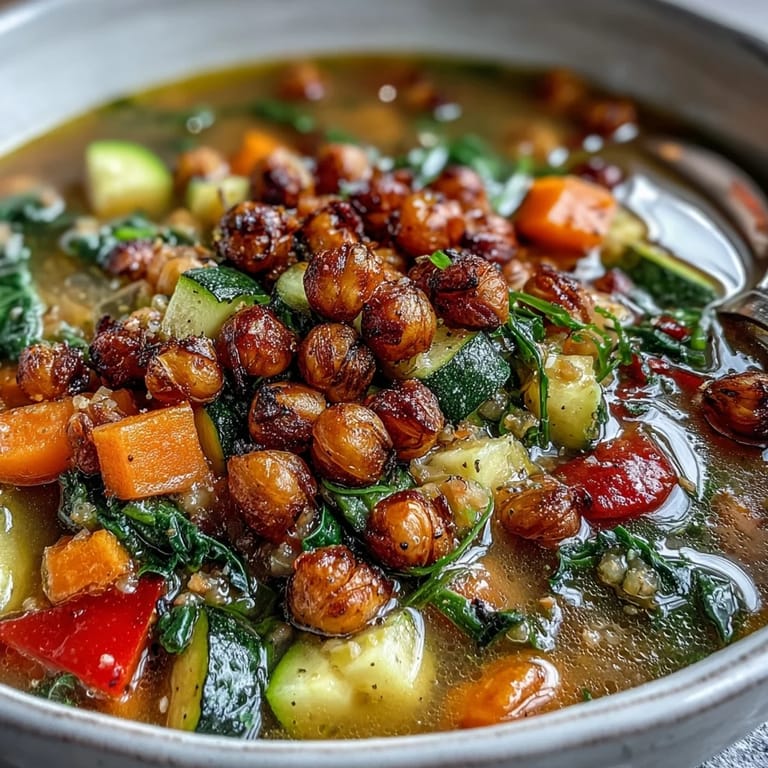 Close-up of Spiced Chickpea and Vegetable Soup featuring golden roasted chickpeas and colorful vegetables simmered in aromatic spices.