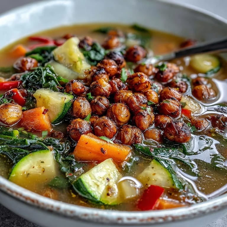 Steam rises from a vibrant bowl of Spiced Chickpea and Vegetable Soup, showcasing kale and diced carrots in rich broth.