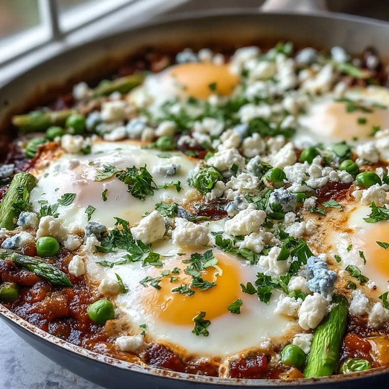 Spoonful of Pea and Broad Bean Shakshuka revealing tender greens and soft eggs, served hot with herbs and olive oil.