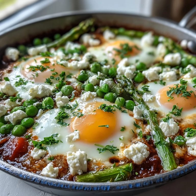 Runny eggs nestle in Pea and Broad Bean Shakshuka, surrounded by peas, broad beans, and a lightly spiced tomato sauce.