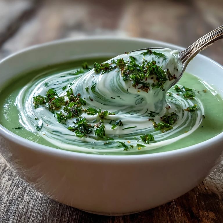A spoon swirling heavy cream into Creamy Celery and Herb Soup, highlighting fresh dill.