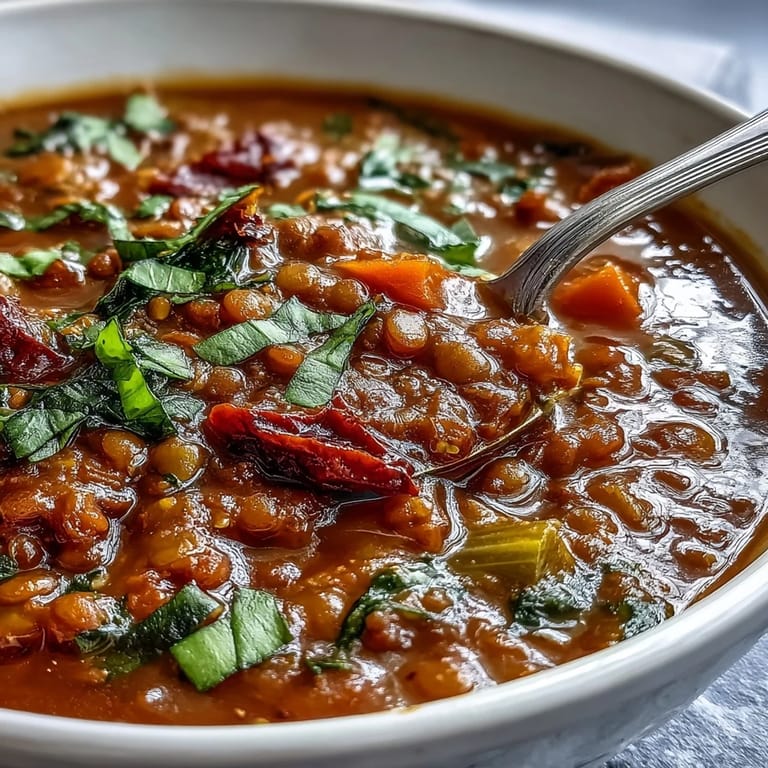The nourishing Tomato Lentil Soup is garnished with fresh parsley and a lemon wedge, ready to serve with crusty bread.