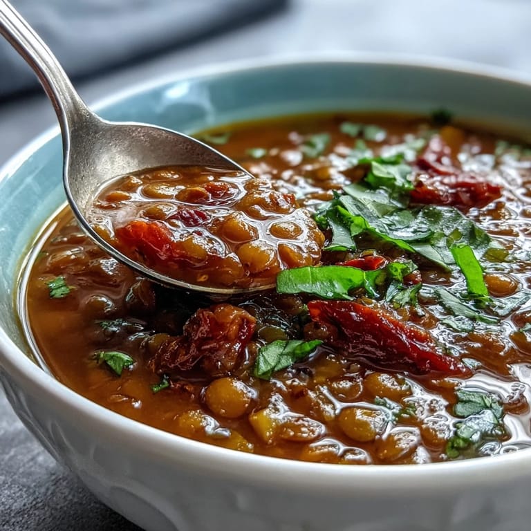 A close-up highlights the hearty texture of Tomato Lentil Soup, showing tender lentils and diced tomatoes in a smoky broth.
