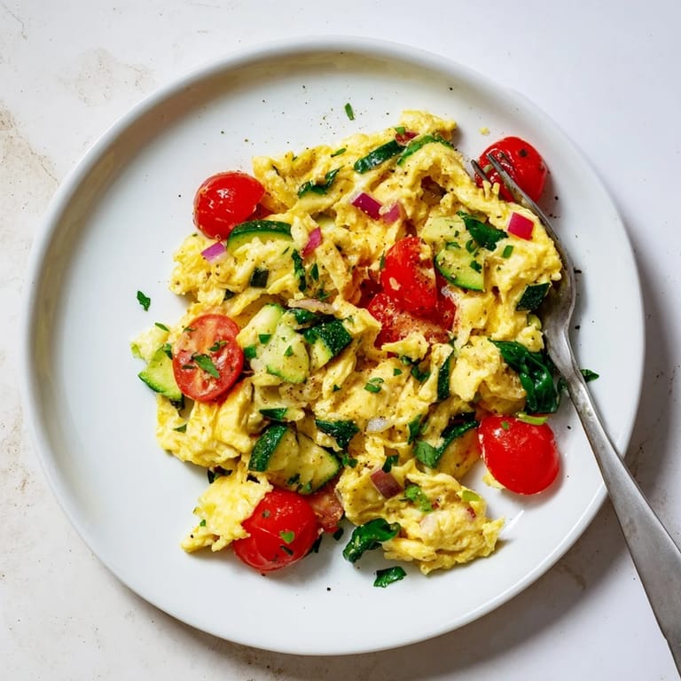 A close-up view of a pan-cooked Egg and Vegetable Scramble featuring vibrant red peppers and wilted spinach.  