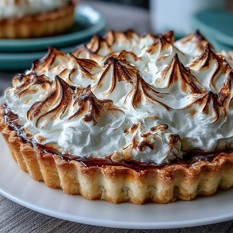 Freshly baked Lemon Meringue Pie with crisp crust and toasted meringue topping on a rustic serving plate.