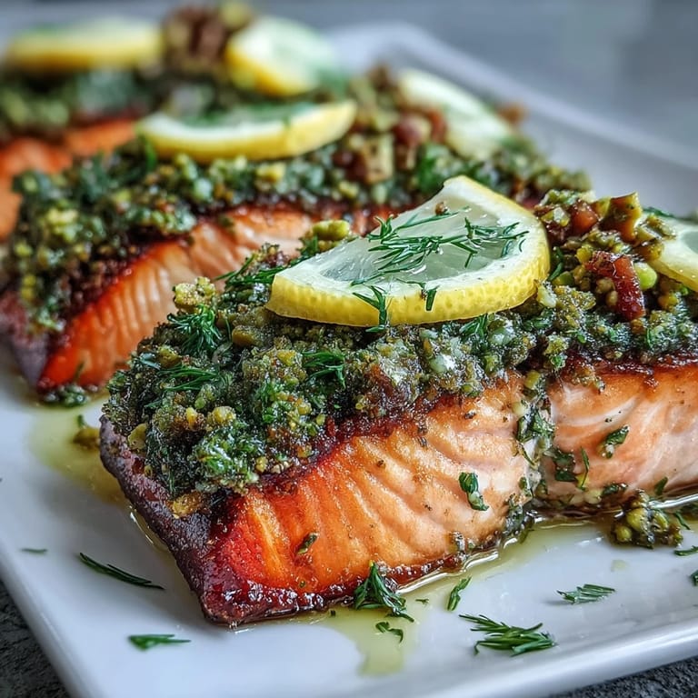 A close look at Confit Salmon With Tahini, Pistachio and Herb Crust showing a rich, textured, herb-packed crust.