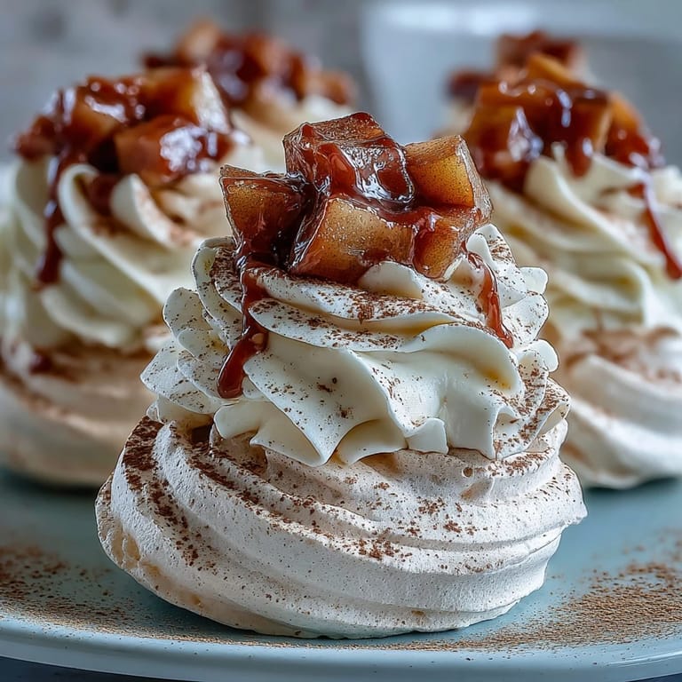 In a cozy kitchen, the elegant Mini Hot Toddy Pavlovas are garnished with cinnamon dust and served on small dessert plates.