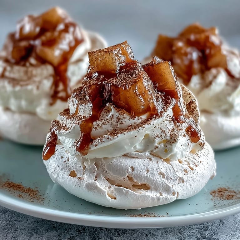 Close up on Mini Hot Toddy Pavlovas, showing airy meringue texture and glossy, whisky-infused poached pears over billowy whipped cream.