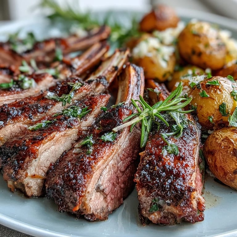 Golden-brown One-Pan Roast Rack of Lamb and Green Olive Potatoes glistening on a tray, garnished with fresh rosemary and lemon zest.