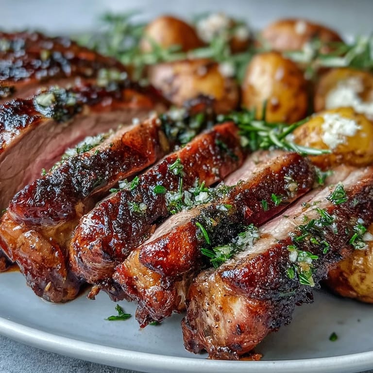 Tender One-Pan Roast Rack of Lamb and Green Olive Potatoes served with roasted baby potatoes and a bright green olive mix.