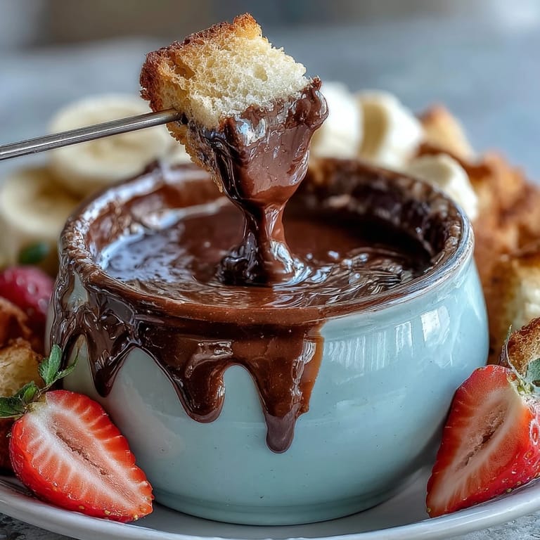 Glossy Boozy Chocolate Fondue with marshmallows, pretzels, and apple wedges ready for dipping.