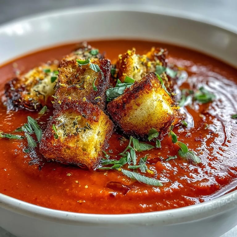 A close-up of creamy Roasted Red Pepper Soup with Crispy Croutons topping, highlighting the vibrant red broth and golden breadcrumbs.