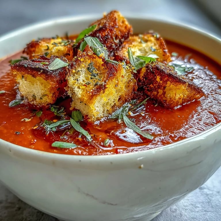 A rustic dinner table featuring Roasted Red Pepper Soup with Crispy Croutons, a glass of white wine, and a drizzle of olive oil.