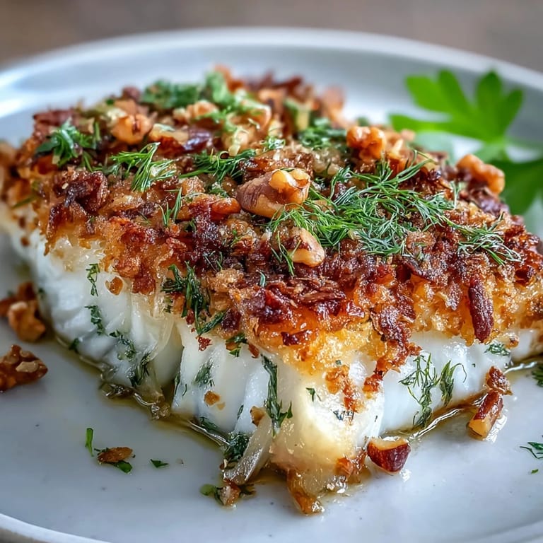 Perfectly baked halibut with fennel, lemon and walnut pangrattato, served alongside crisp salad and white wine on a dinner plate.