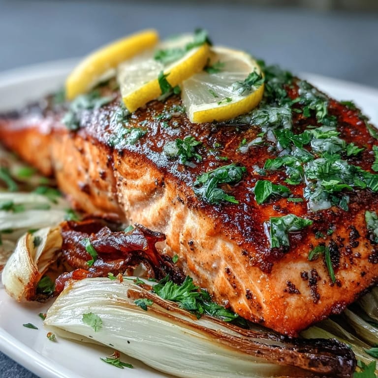 Tender salmon fillets, roasted leeks, and onions topped with bright green parsley dressing for One-Pan Roast Salmon With Leeks, Onions, and Parsley Dressing.
