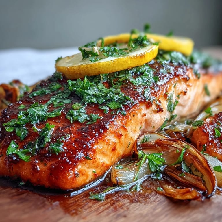 Close-up of flaky One-Pan Roast Salmon With Leeks, Onions, and Parsley Dressing with zesty lemon and caper garnish.