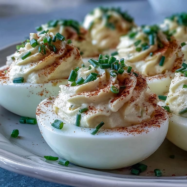 For a party tray, Million Dollar Deviled Eggs sit chilled on white porcelain, accented by bright chopped chives.