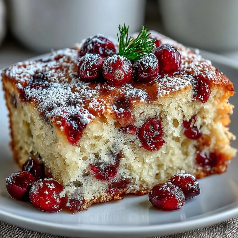 A freshly baked Cranberry Orange Breakfast Cake sits on a wooden board, dusted with powdered sugar for a cozy morning treat.  
