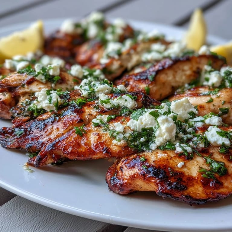 Juicy Greek Chicken with Lemon and Feta plated on a white dish, topped with crumbled feta and bright herbs.