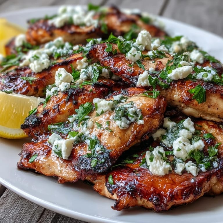 Served Greek Chicken with Lemon and Feta alongside roasted potatoes and a colorful Greek salad for a complete meal.