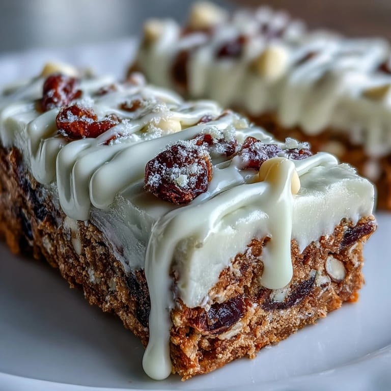 Golden cranberry bliss bars studded with dried fruit and topped with zesty orange frosting on a rustic table.  