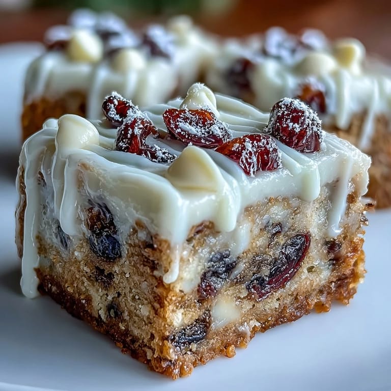Cranberry bliss bars cut into squares, showing moist crumb and white chocolate drizzle, ready for gifting.