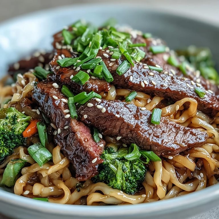 Close-up of Korean Beef Noodles plating shows glossy noodles, juicy steak slices, and julienned carrots, ready to serve with chopsticks.