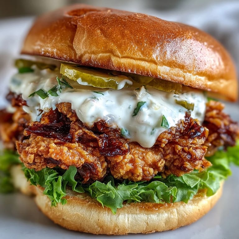 Spicy chicken sandwich stacked high with golden fried breast and luscious sauce, served alongside extra sauce for dipping.