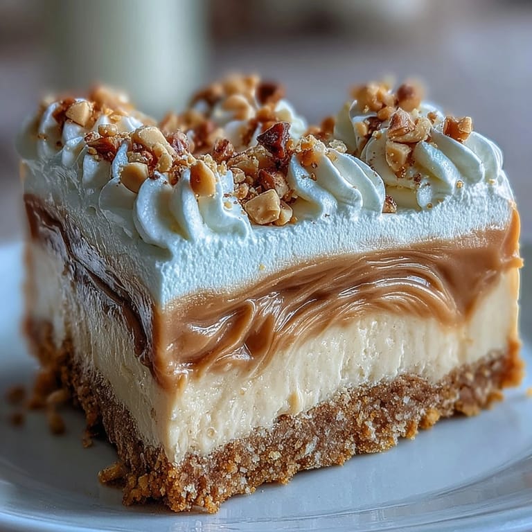 Freshly baked Nutter Butter cheesecake with a golden brown crust and fluffy whipped cream topping sits on a marble counter next to a glass of milk.