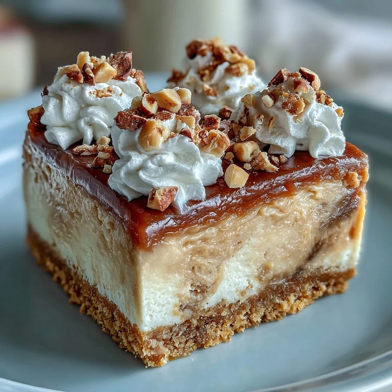 A close-up view of Nutter Butter cheesecake reveals a smooth, creamy texture, peanut butter swirls, and garnish of crumbled cookies and roasted peanuts.