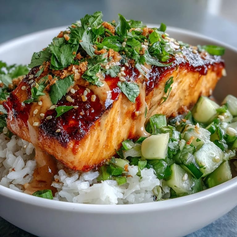 Crisp vegetables and tender salmon combine in this easy, flavorful bowl served with a spicy, tangy drizzle.