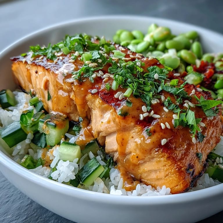 A vibrant, bowl-style meal featuring flaky salmon, cool cucumber, and edamame with a rich, spicy bang bang sauce.