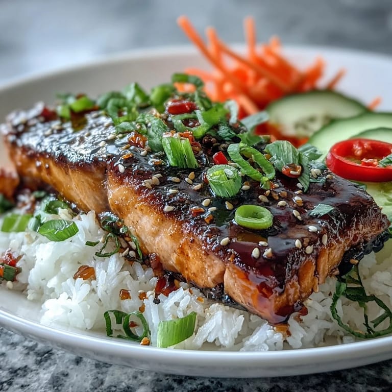 A fork-topped Asian-inspired salmon bowl brims with fluffy rice, glazed fish, vibrant crunchy vegetables, and a drizzle of reduced sauce.