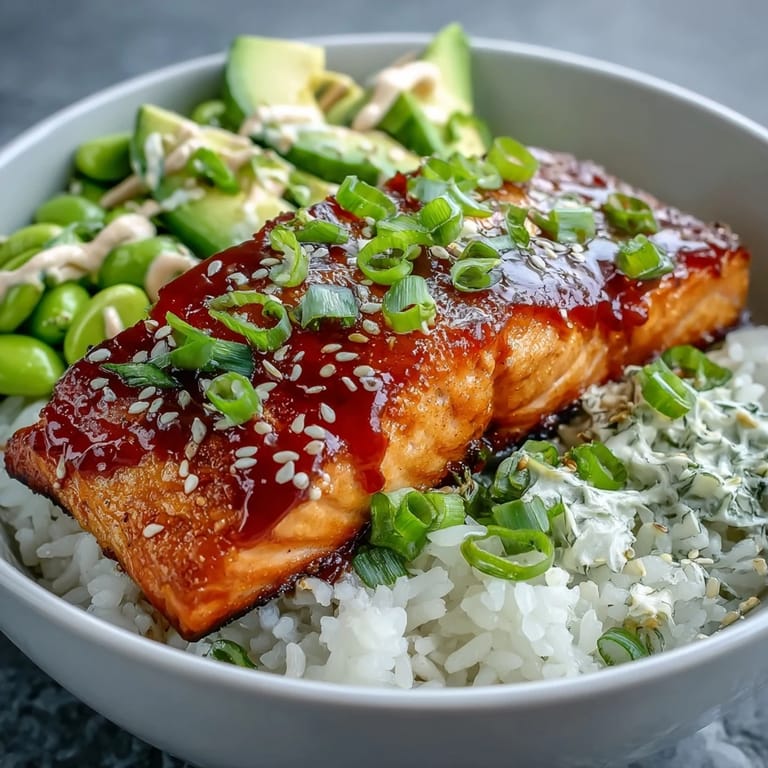 A warm Honey Sriracha Salmon Bowl featuring succulent salmon, edamame, cucumber, and jasmine rice ready for a quick dinner.