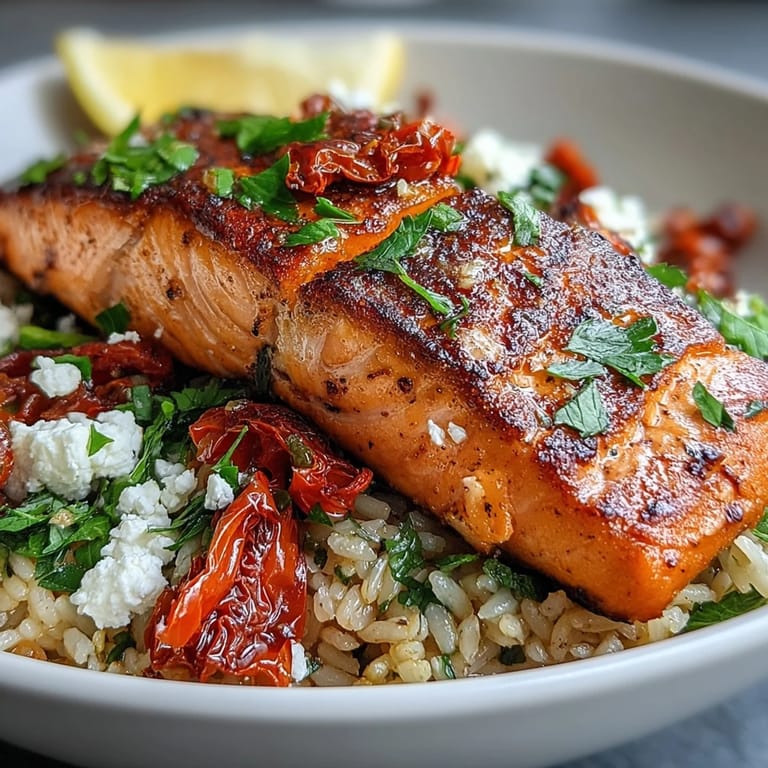 A close-up shows a fork breaking into tender salmon atop crispy rice in a Mediterranean Salmon Bowl, with sun-dried tomatoes and fresh cilantro adding pops of color.