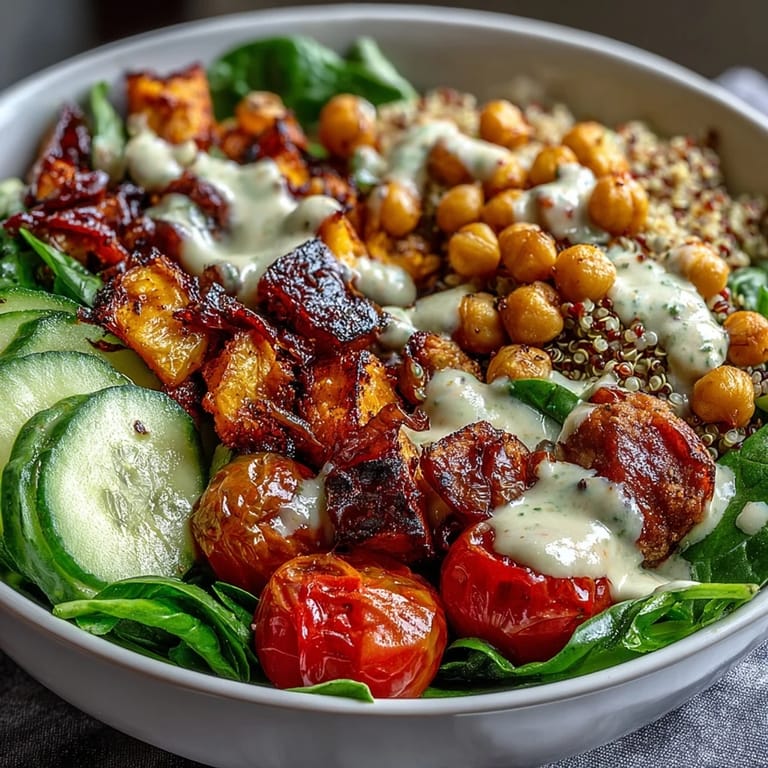 Golden roasted sweet potatoes and crispy chickpeas top fluffy quinoa in a Buddha Bowl with Quinoa, Roasted Sweet Potatoes, Crispy Chickpeas, Fresh Veggies & Garlic Tahini Dressing.