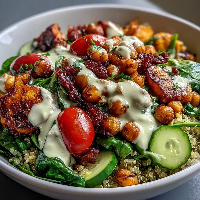 This Buddha Bowl with Quinoa, Roasted Sweet Potatoes, Crispy Chickpeas, Fresh Veggies & Garlic Tahini Dressing is drizzled with creamy sauce, garnished with fresh avocado and tomatoes.